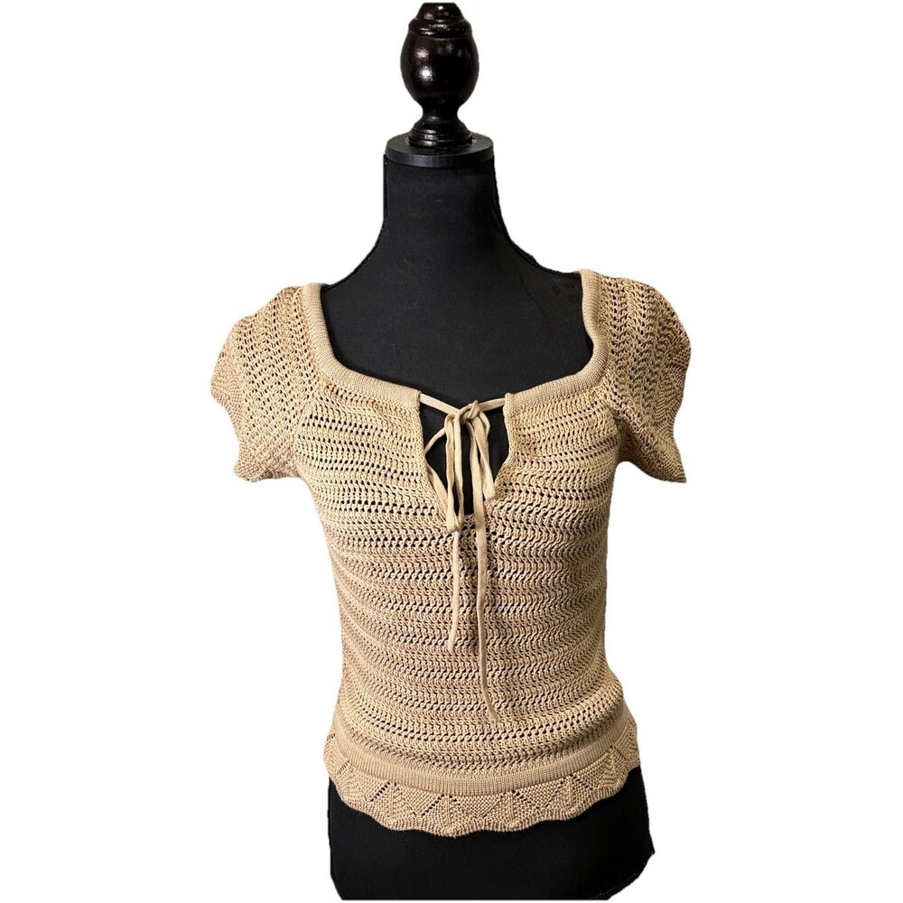 GUESS Crochet Knit Sweater Top Women’s Small Beige Tie Front Boho Festival NWT